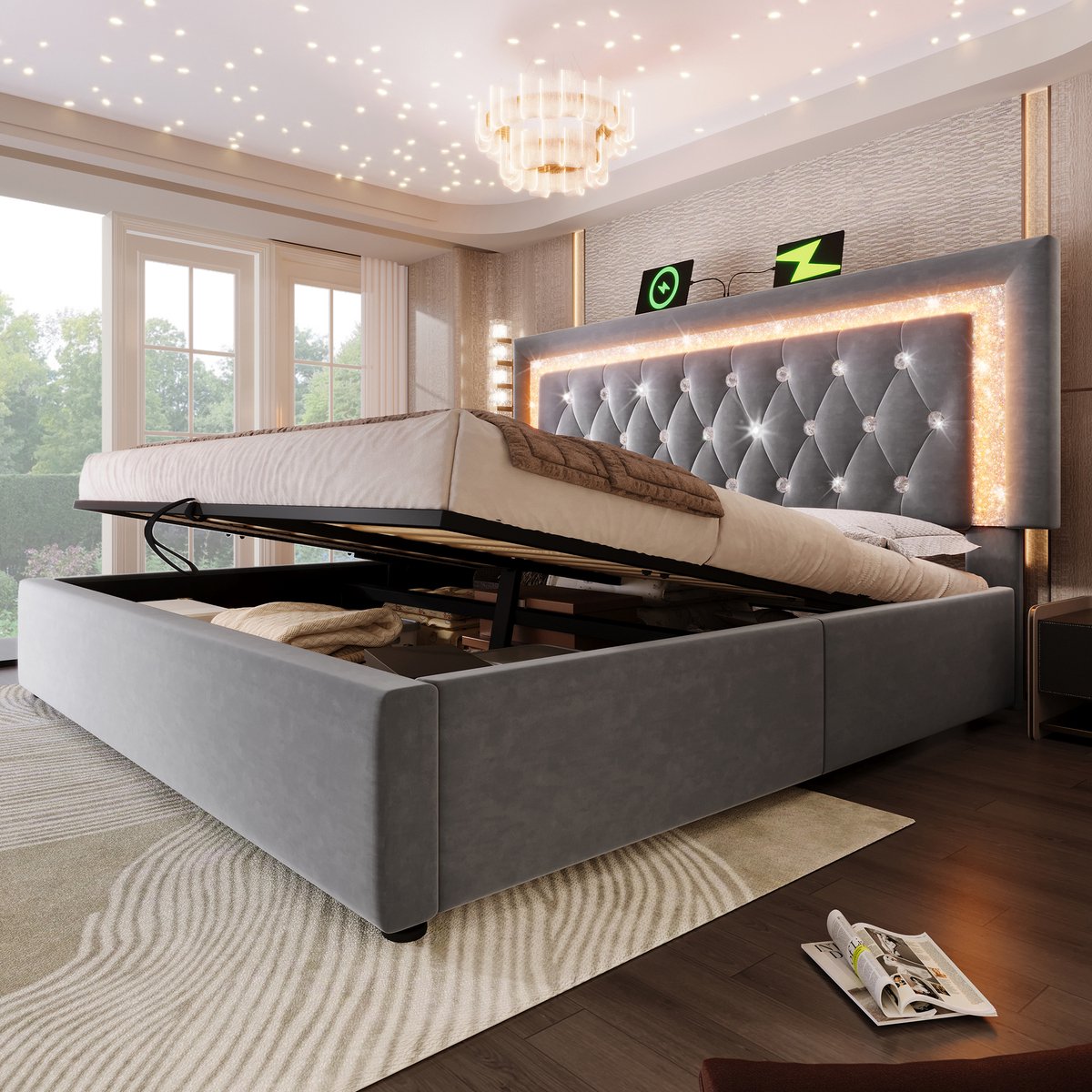 Gestoffeerd opbergbed met LED-diamantstrip en laadstation - 140x200 cm tweepersoons - Grijs fluweel - Hydraulische opbergruimte - USB en Type-C poorten - Geschikt voor tieners en volwassenen