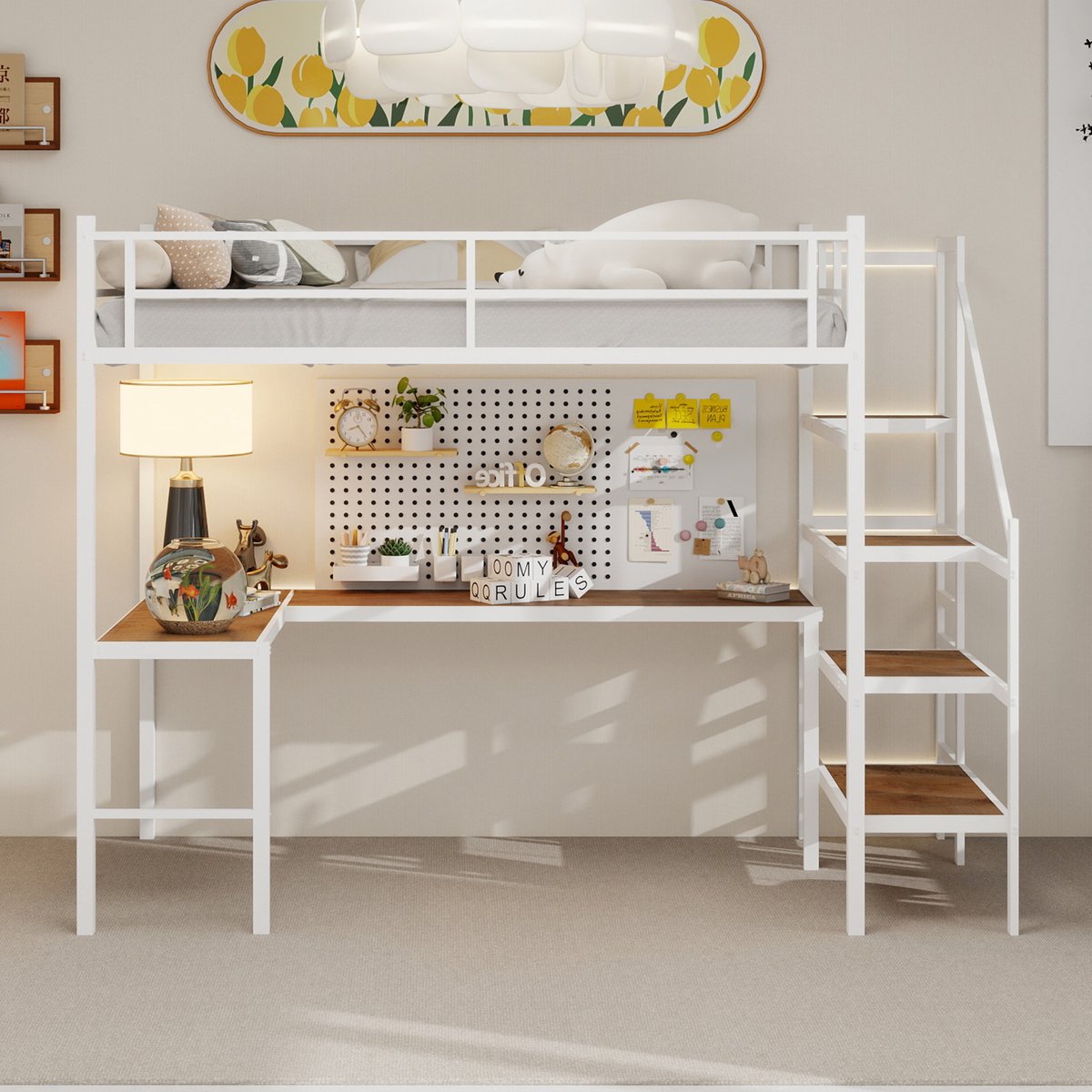 Hoogslaper met L-vormig bureau en opbergtrap - 90x190 cm eenpersoons - Zwart - Inclusief prikbord en 3 legplanken - 360° veiligheidsrek en brede treden - Ruimtebesparend voor tienerkamer en studentenstudio