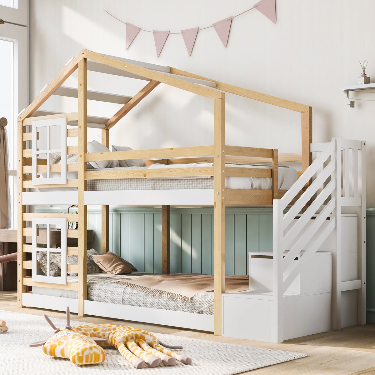 Houten stapelbed in boomhutstijl - Met opbergtrap, raamdesign en valbeveiliging - 90x200 cm voor 2 personen - Naturel en wit - EN 747 gecertificeerd - 2 lattenbodems inbegrepen