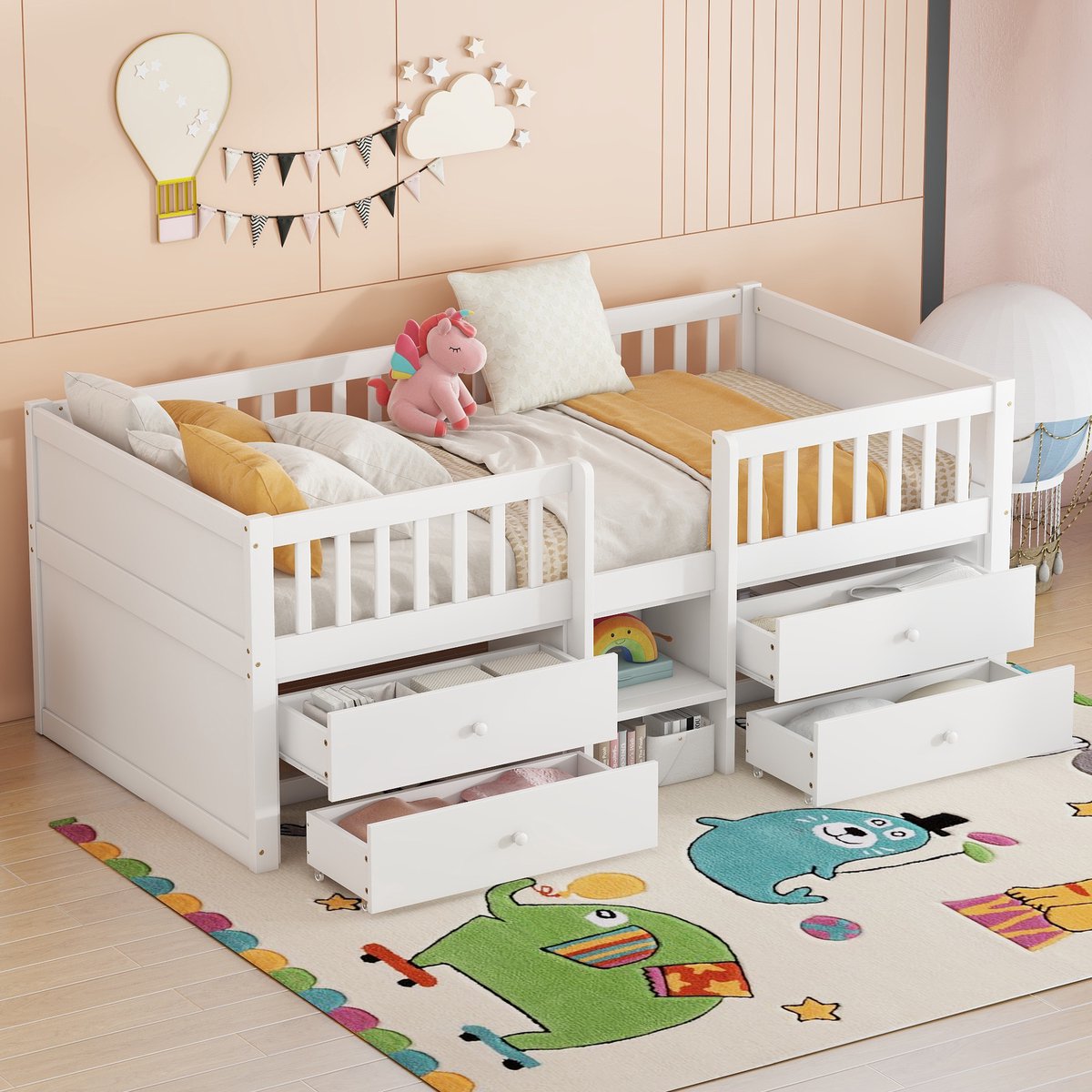 Halfhoog kinderbed 90x200 cm - Met 4 opberglades, veiligheidsreling en ladder - Wit - Stabiel grenenhouten frame - Minimalistisch design voor compacte kinderkamers
