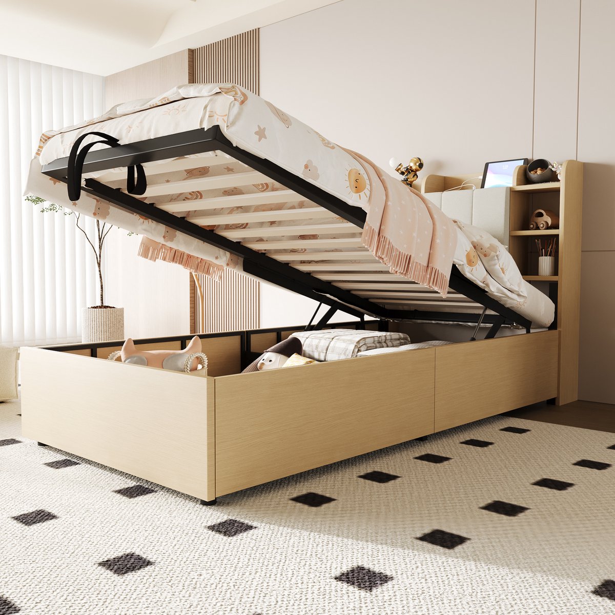 Houten hydraulisch eenpersoonsbed - met USB/Type-C en opbergruimte - 90x200 cm - houtkleur - hoofdeinde met verborgen compartiment - ruime opbergbak onder het bed
