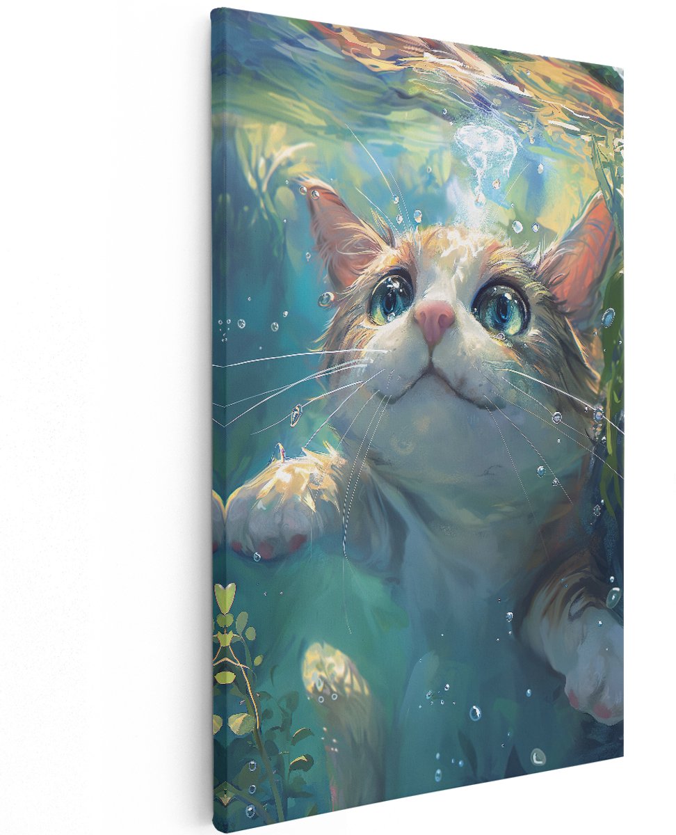 Artaza Canvas Schilderij Kat - 100x150 cm - Groot - Wanddecoratie Kinderkamer - Muurdecoratie Dieren - Schilderijen Op Canvas Blauw