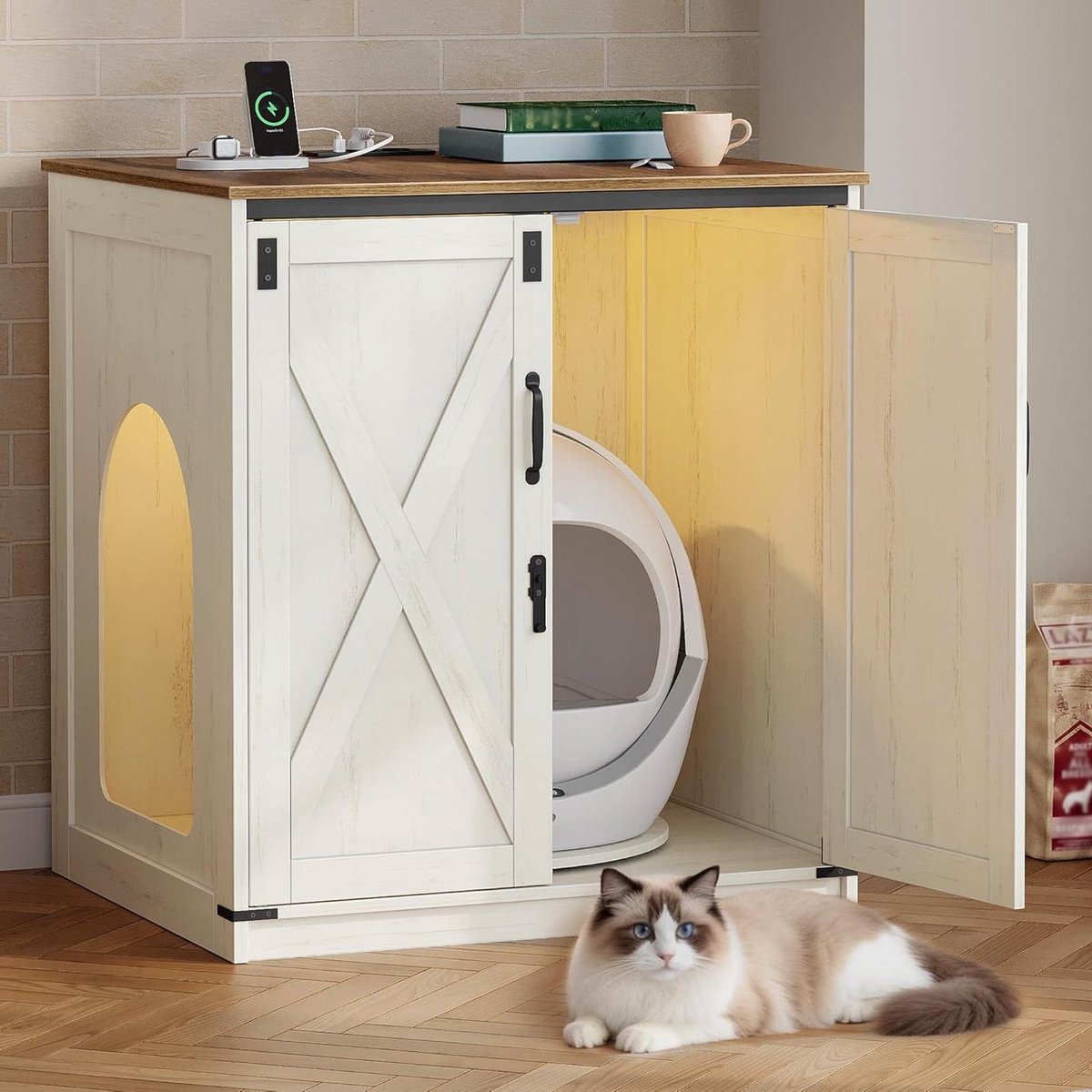 Kattenkast - Huisdier meubel - Kattenbak verbergen - Draaibare lade - 82 x 70 x 90 cm - Bruin en wit