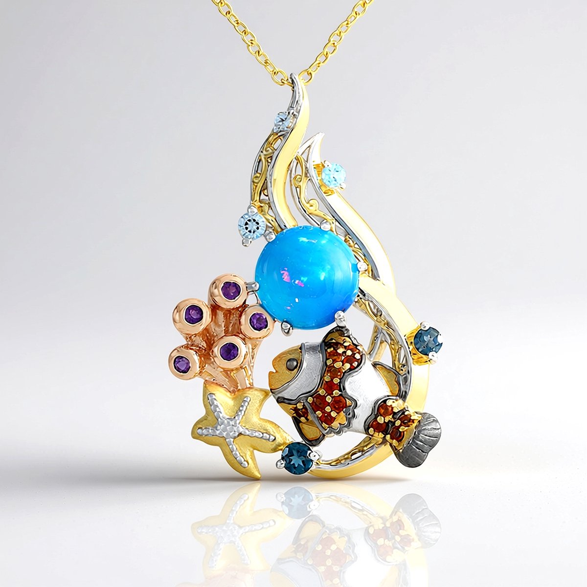 Cavill - Zilveren Ketting 925 Sterling Zilver Verguld - 2,16 ct Ethiopische Paraíba Opaal Cabochon - Blauwe Topaas & Amethist - Elegante Dames Ketting