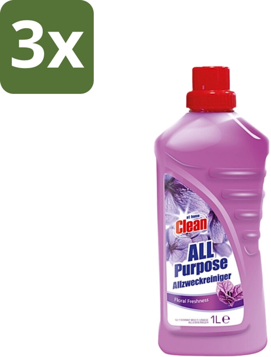 3 x At Home - Clean - Allesreiniger - Floral - Verfrissened - 1 L - Allesreiniger - Bloemige Geur - Reiniging - Huisreiniging - Vloerreiniger