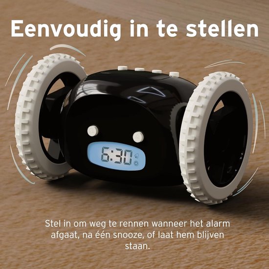 Luide wekker - Digitale wekker - Op tijd wakker worden - Rolt weg - 13 x 9 x 9 cm — afbeelding 3