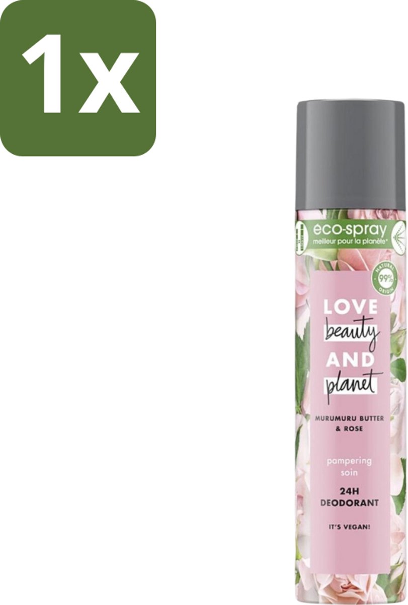 1 x Love Beauty and Planet - Deospray - Murumuru Butter & Rose - 75 ml - Deospray - Murumuru Butter - Roze Geur - Vegan Deodorant - Natuurlijke Deodorant