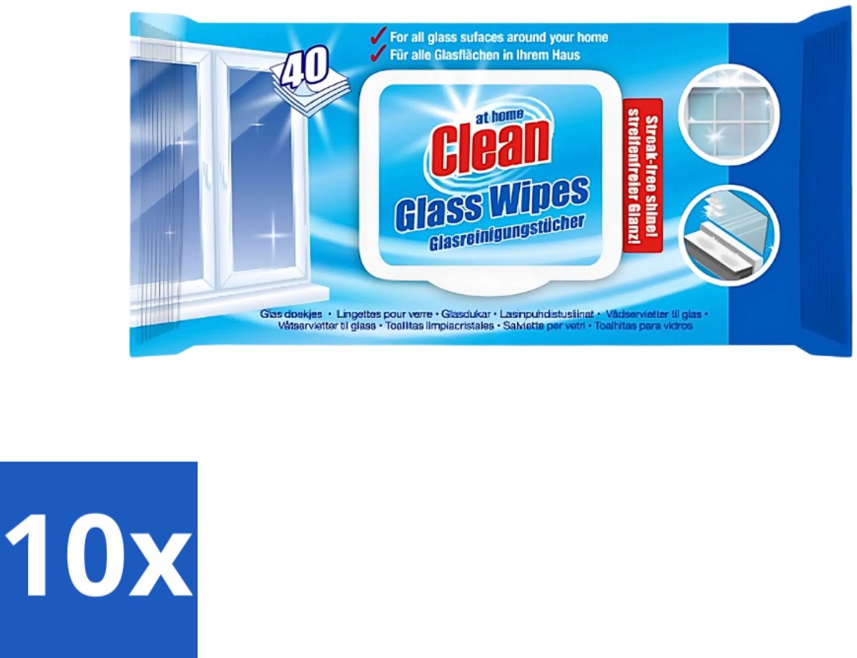 10 x At Home - Clean - Glas Reinigingsdoekjes - Reinigt Streepvrij - 40 Doekjes - Reinigingsdoekjes Glas - Streepvrij Reinigen - Glas Reinigen - Ruiten Reinigen - Spiegels Reinigen