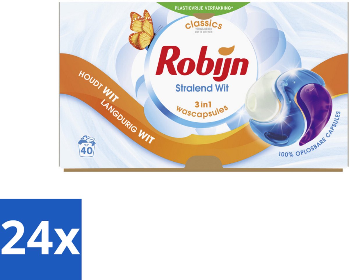24 x Robijn Wascapsules 3-in-1 Stralend Wit 40 stuks per verpakking - Wit Was - Wascapsules - Wasverzorging - White Serum - Fris Geur
