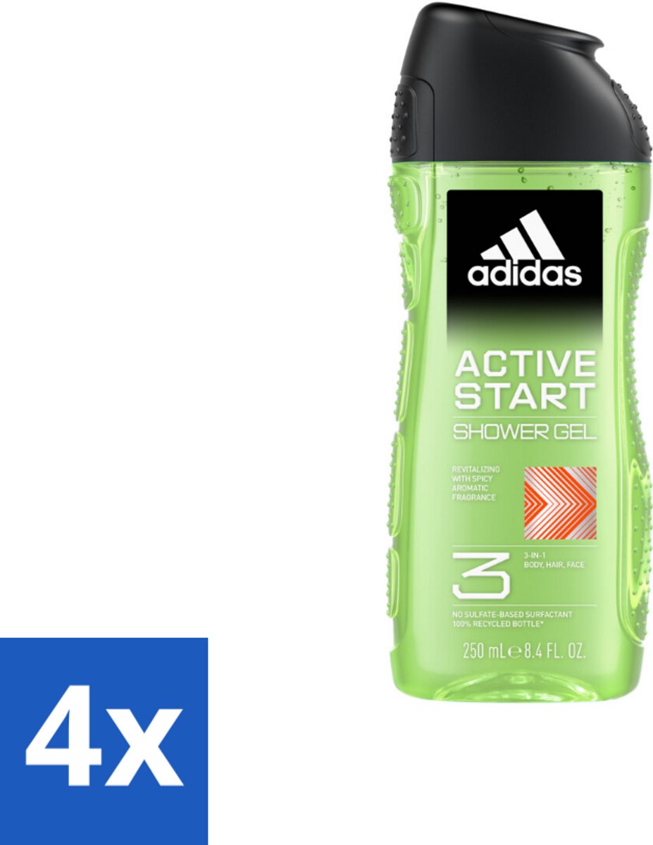 4 x Adidas Shower Gel Active Start 250 ml - Douchegel - 3-in-1 - Lichaam - Gezicht - Haar