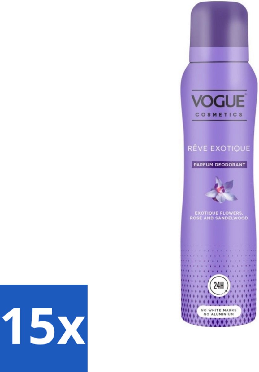 15 x Vogue Reve Exotique Parfum Deodorant 150 ml - Parfum Deodorant - Deodorant Met Geur - Geurige Deodorant - 24 Uur Bescherming - Jasmijn Geur