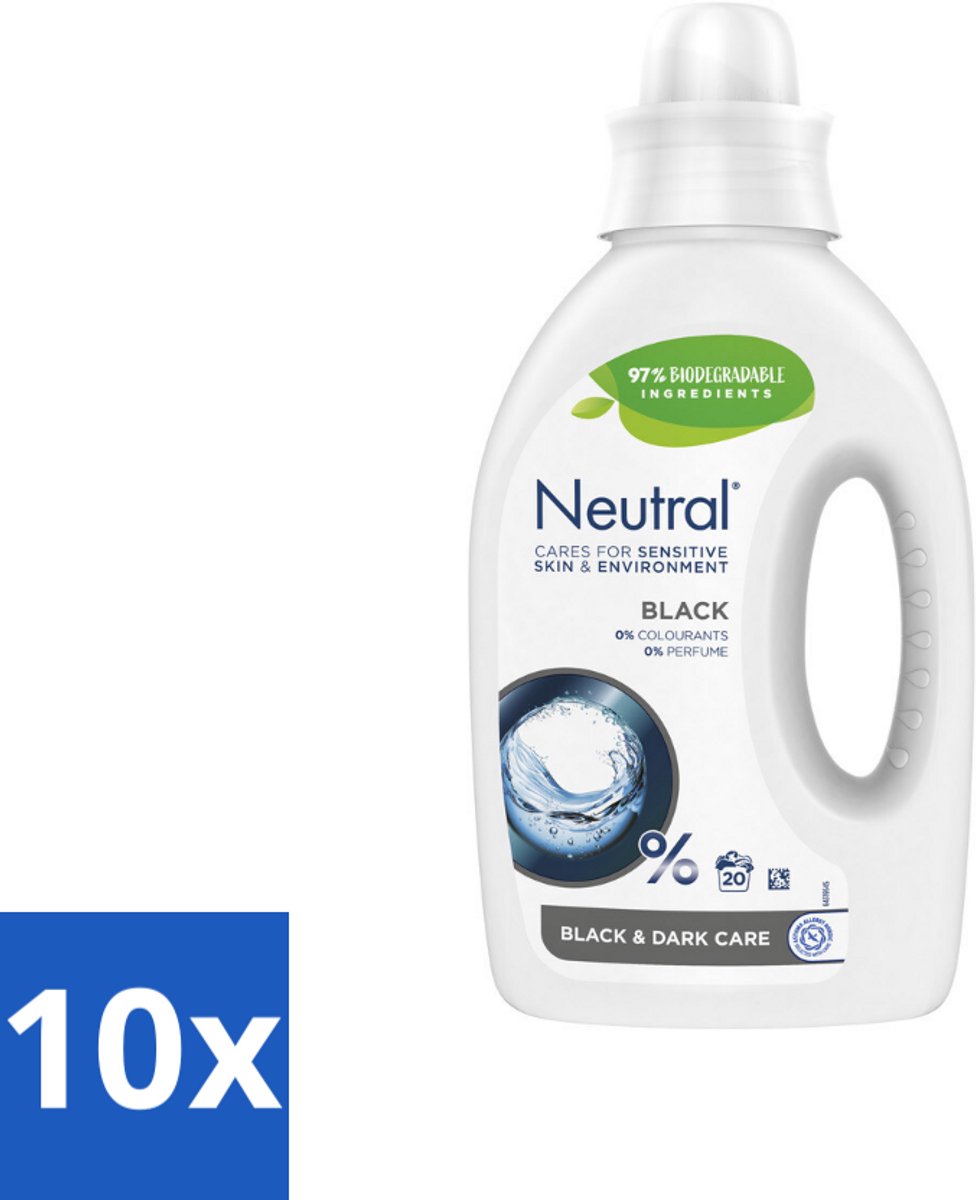 10 x Neutral Vloeibaar Wasmiddel Zwart 20 Wasbeurten 1 liter - Donker Was - Zwart Was - Parfumvrij Wasmiddel - Gevoelige Huid - Hypoallergeen Wasmiddel