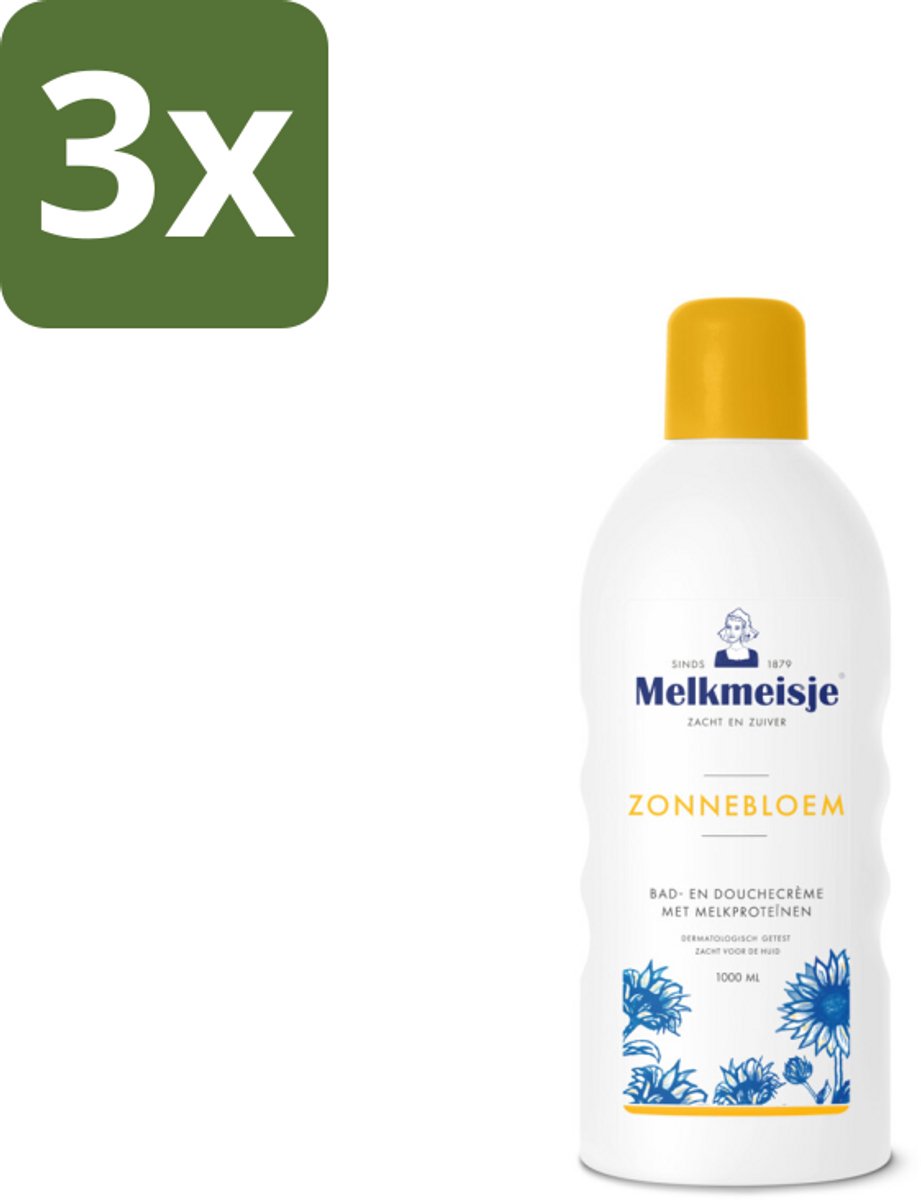 3 x Melkmeisje Bad en Douche Crème Zonnebloem en Melk 1000 ml - Douchecrème - Melkmeisje - Bad En Douche - Melkcrème - Zonnebloem Crème