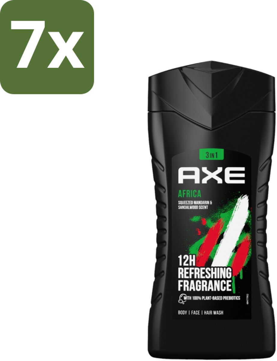 7 x Axe - 3-in-1 Douchegel - Africa - Squeezed Mandarin & Sandalwood - 100% Plantaardig - 250 ml - Axe Africa Douchegel - Douchegel - 3-in-1 Douchegel - 100% Plantaardig - Mandarin En Sandalwood