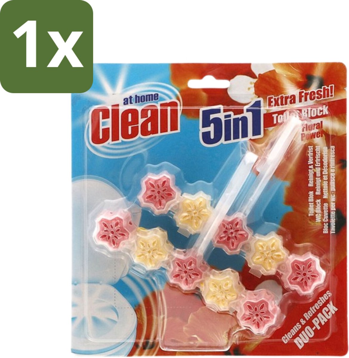1 x At Home - Clean - Toiletblok - 5in1 Active - Floral Power - Neutraliseert & Reinigt - 2 Blokken - Toiletblok - Toilet Reinigen - Toilet Geur - Toilet Reinigingsmiddel - Bloemige Geur