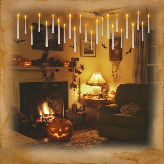 Vlamloze, hangende kaarsen in een kamer met Halloween-decoraties, pompoenen en een open haard.