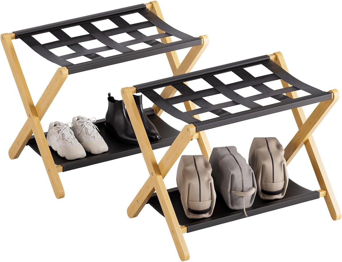 Vouwbare Bagagerek Set van 2, Bamboe Kofferrek in X-vorm met Opbergrek en Nylon Straps voor Gastenkamer, Natuurlijke Look en Duurzaam Design