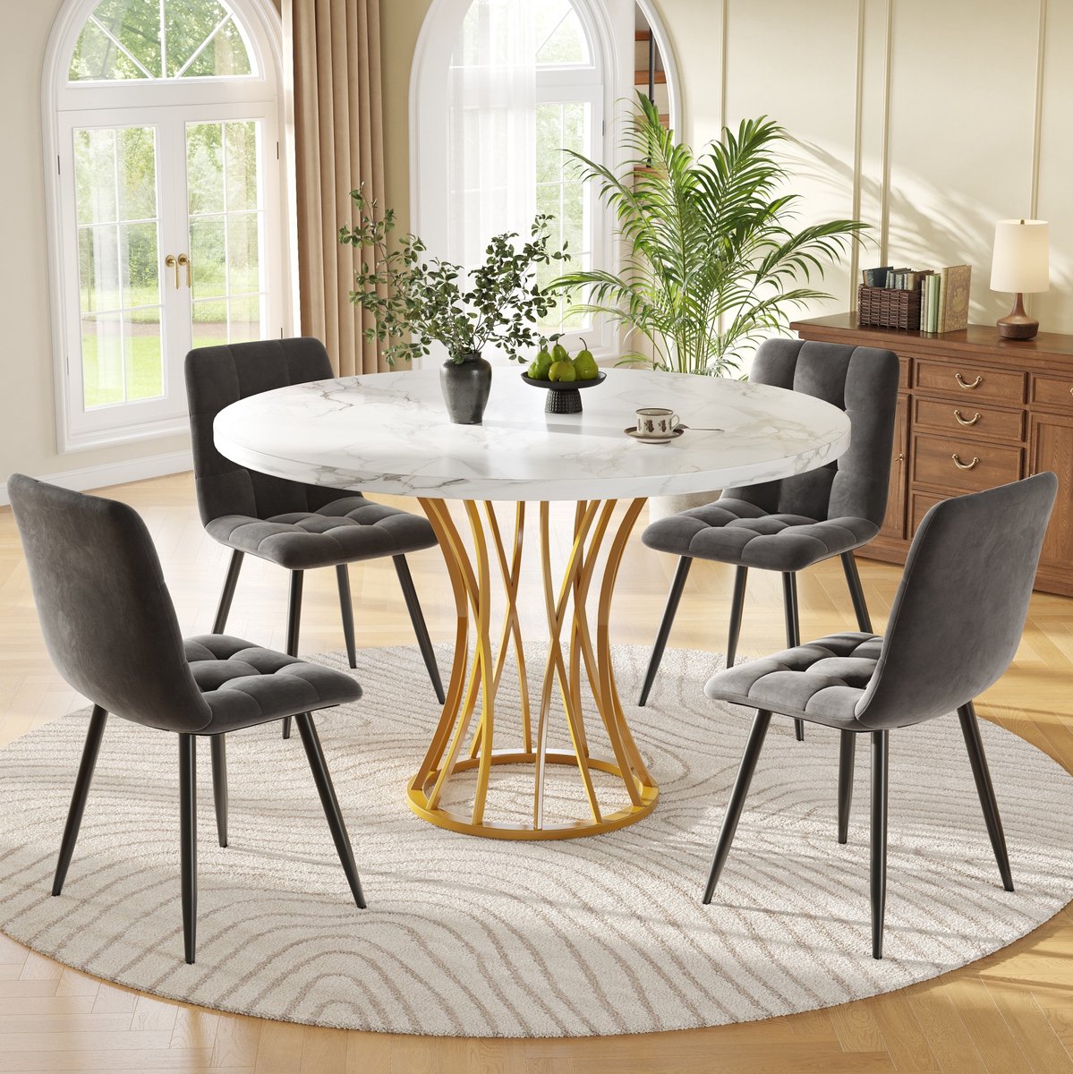 Wishdor Eettafelset met 4 stoelen - Ronde tafel - Wit marmerlook blad - Gouden metalen onderstel - Grijze fluwelen stoelen - Modern keuken eetkamer - 80 x 80 x 76 cm