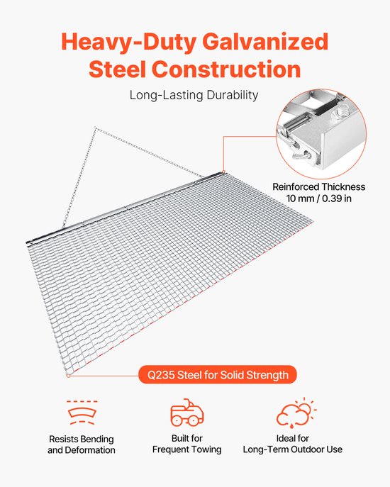 Getrokken Eg 1830x914 mm, Weide-Eg en Akker-Eg van Gegalvaniseerd Staal met Sleepketting, Geschikt voor ATV's, UTV's en Tractoren Om Grindwegen, Paden en Velden Te Egaliseren — afbeelding 5