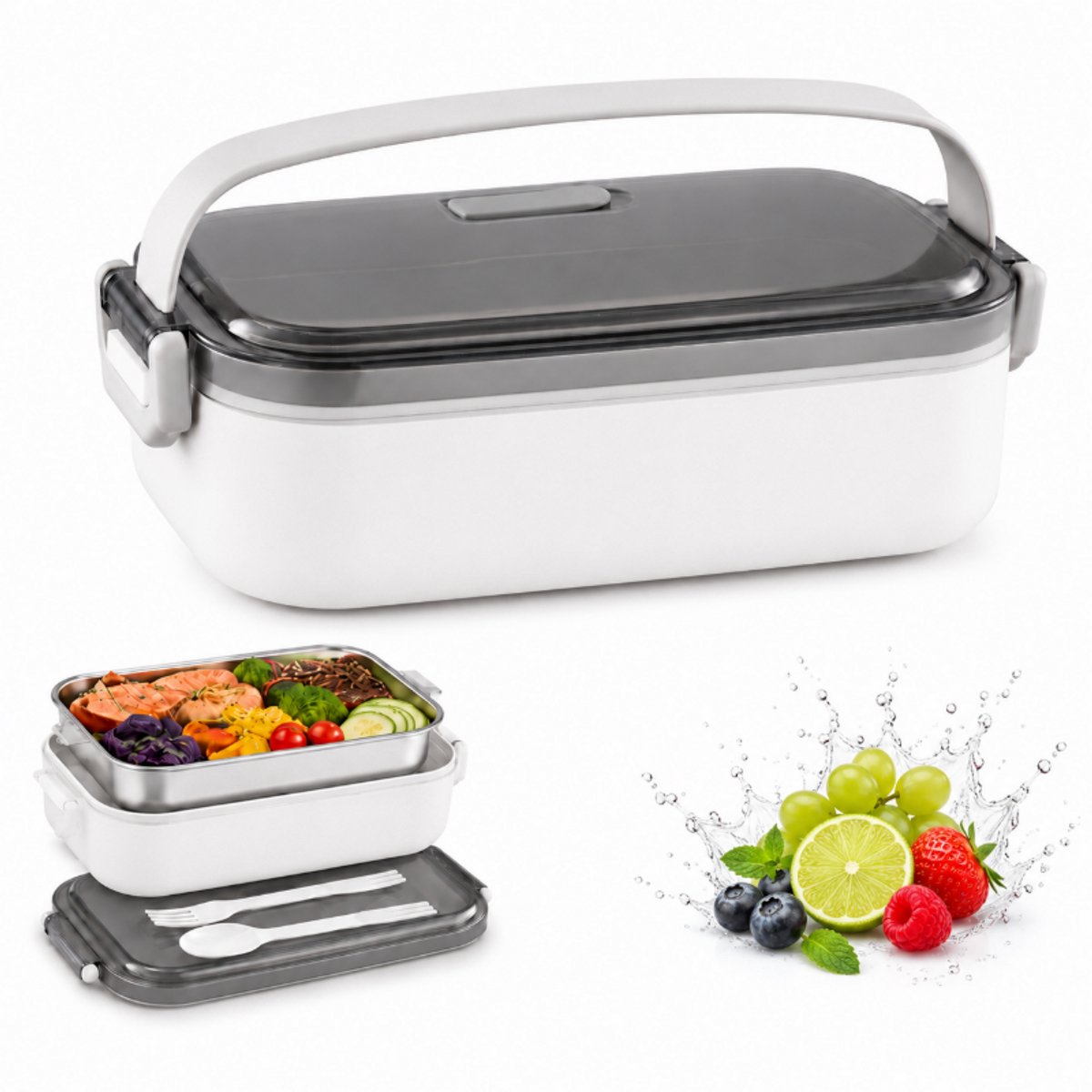 Lunchbox - Lunchbox Kinderen - Bento Box - RVS Broodtrommel - Enkellaagse Lunchbox - Lekvrije Meal Prep Container voor School en Werk - BPA-Vrij met Bestek - wit