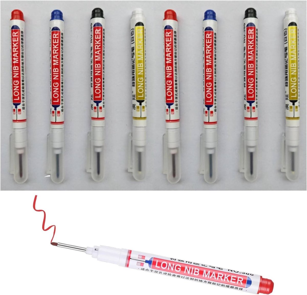 Extra lange puntmarkers voor diepte- en boorgaten, hooglighters voor hout, karton, muur, plastic en metaal - 8 stuks in zwart, rood, blauw en wit