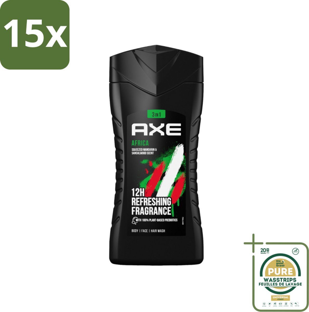 15 x Axe - 3-in-1 Douchegel - Africa - Squeezed Mandarin & Sandalwood - 100% Plantaardig - 250 ml - Grootverpakking - Axe Africa Douchegel - Douchegel - 3-in-1 Douchegel - 100% Plantaardig - Mandarin En Sandalwood
