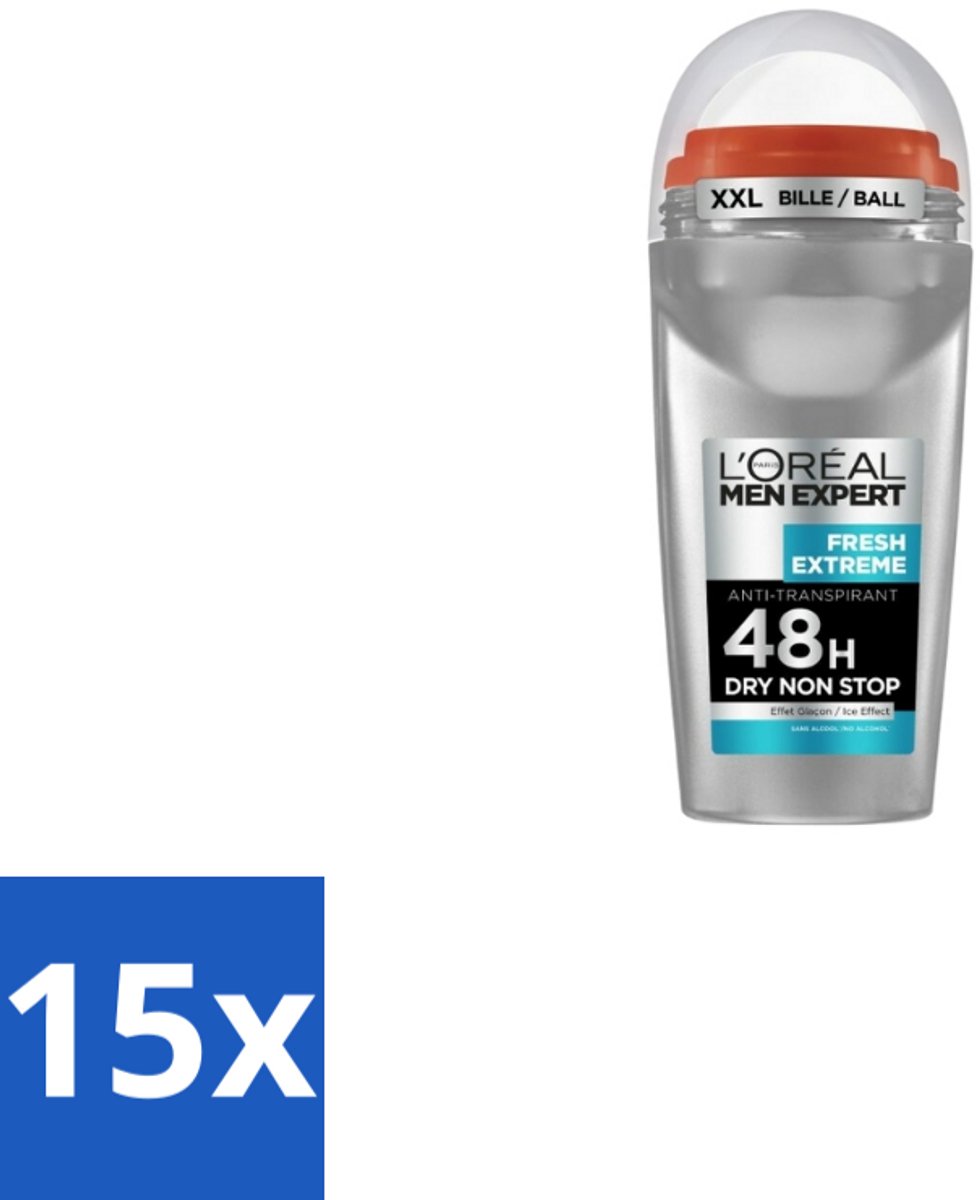 15 x L'Oréal Men Expert Deodorant Roller Fresh Extreme 50 ml - Anti-transpirant - Deodorant Roller - Ice Effect - Frisheid - Zweetbestrijding