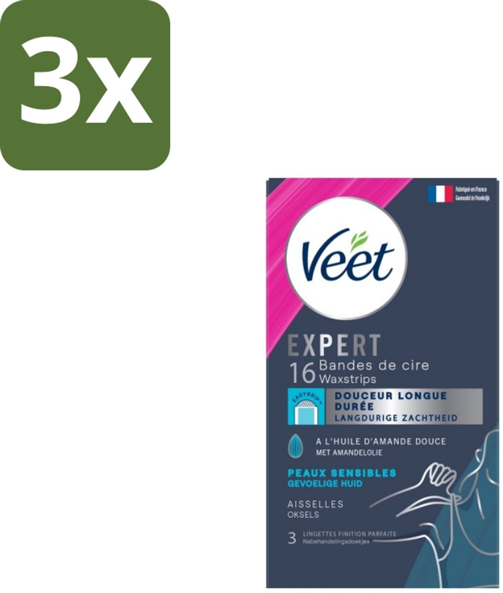 3 x Veet – Ontharingsstrips – Expert Gevoelige Huid Oksels – 16 Strips - Oksels Ontharen - Gevoelige Huid Ontharen - Waxstrips Oksels - Ontharing Oksels - Amandelolie Ontharing