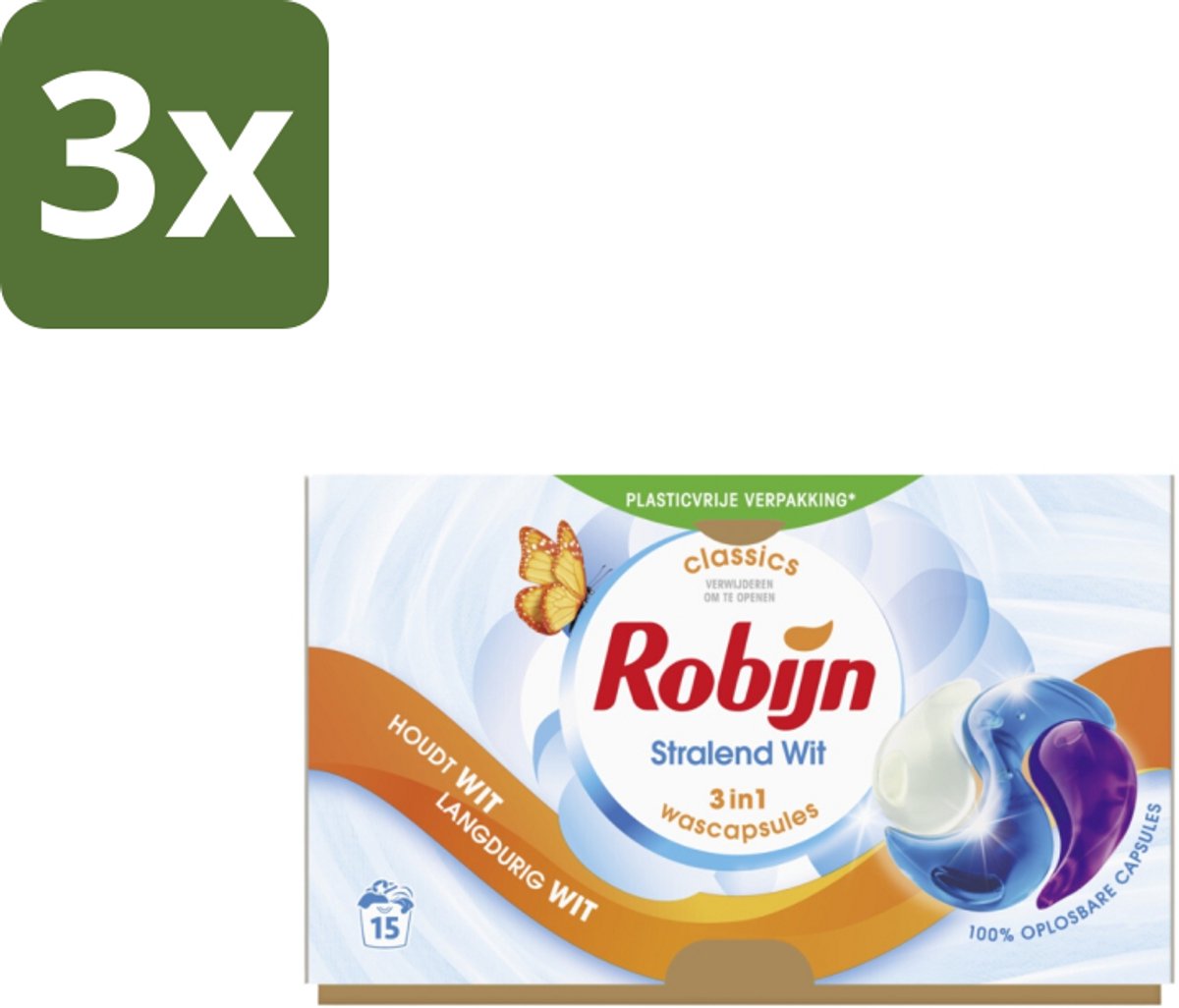 3 x Robijn Wascapsules 3-in-1 Stralend Wit 15 stuks per verpakking - Wit Was - Stralend Wit - Wascapsules - White Serum - Wasbescherming