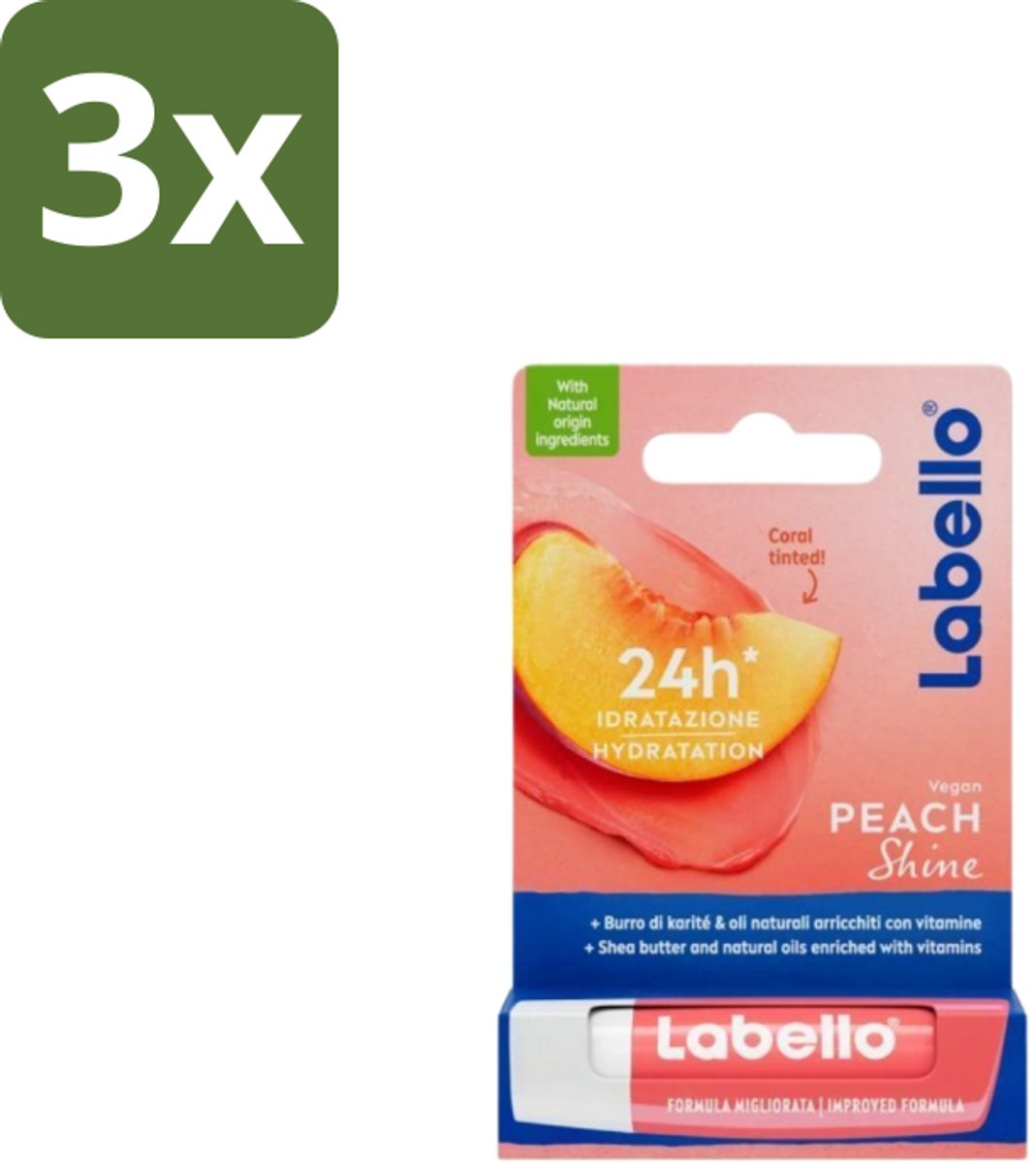 3 x Labello Lippenbalsem Blister Peach Shine 4,8 gr - Vegan Lippenbalsem - Lippenbalsem - Lippenhydratatie - Natuurlijke Lippenbalsem - Fruitige Lippenbalsem