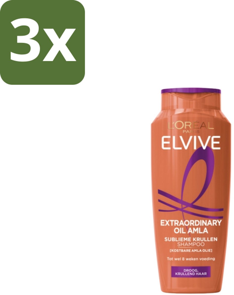 3 x L'Oréal Elvive Extraordinary Oil Krulverzorging Shampoo 250 ml - Krulverzorging - Droog Haar - Kruldefinitie - Amla-olie - Voeding Haar