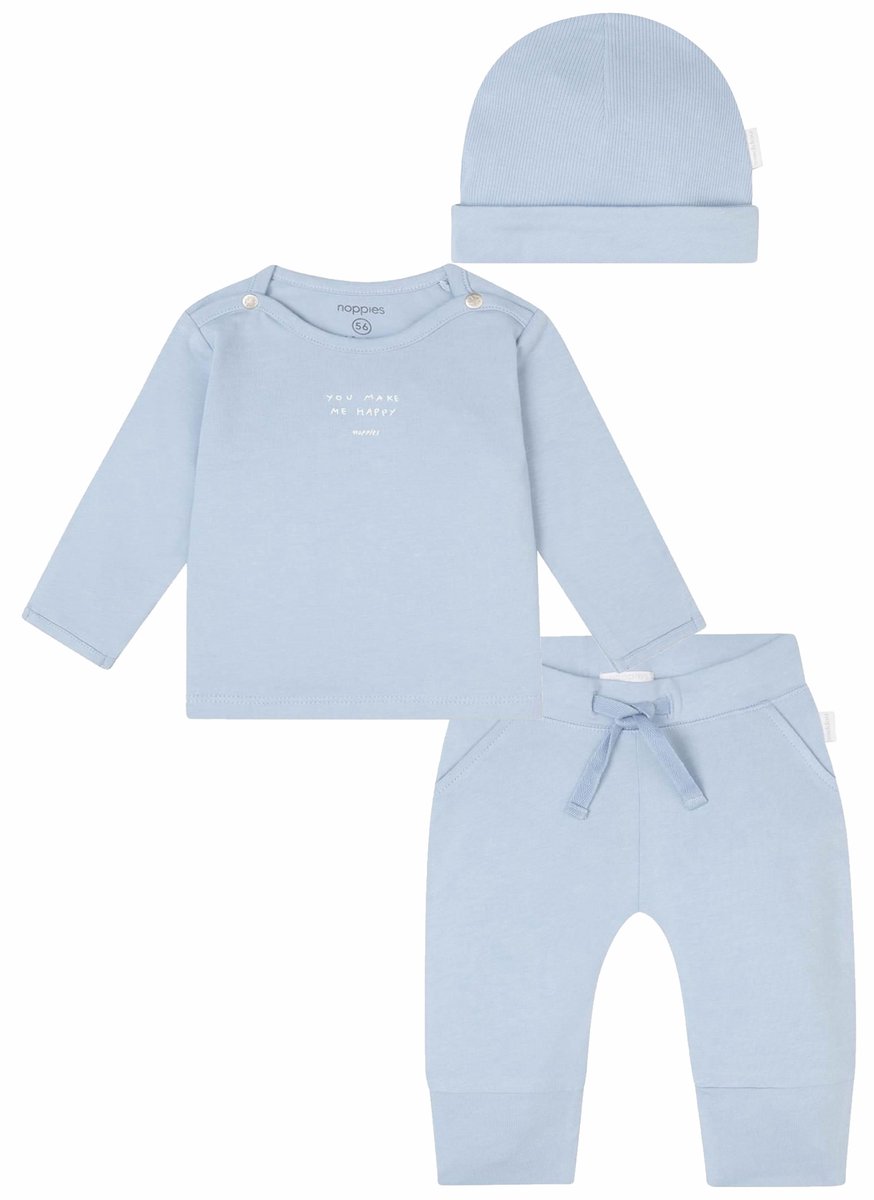 Noppies - Jongens kledingset - 3delig - Broek Naupli - Shirt Neisse - Muts Nimbin lichtblauw - Maat 50