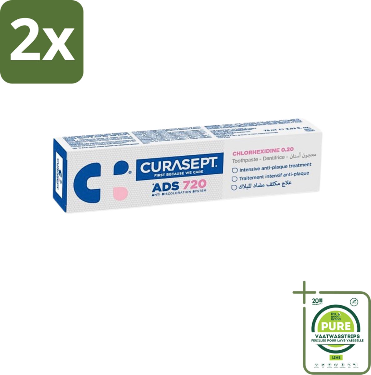 Curasept - ADS 720 Gel-Tandpasta - Chloorhexidine 0.20% - Beschermt Tandvlees & Tanden - 75 ml - Voordeelverpakking - 2 stuks - Tandpasta - Chloorhexidine