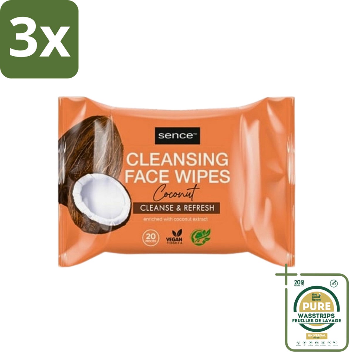 3 x Sence - Coconut - Gezichtsreinigingsdoekjes - Verzorgend - 20 Doekjes - Grootverpakking - Gezichtsreinigingsdoekjes - Kokos - Huidverzorging - Make-up Verwijderen - Hydrateren