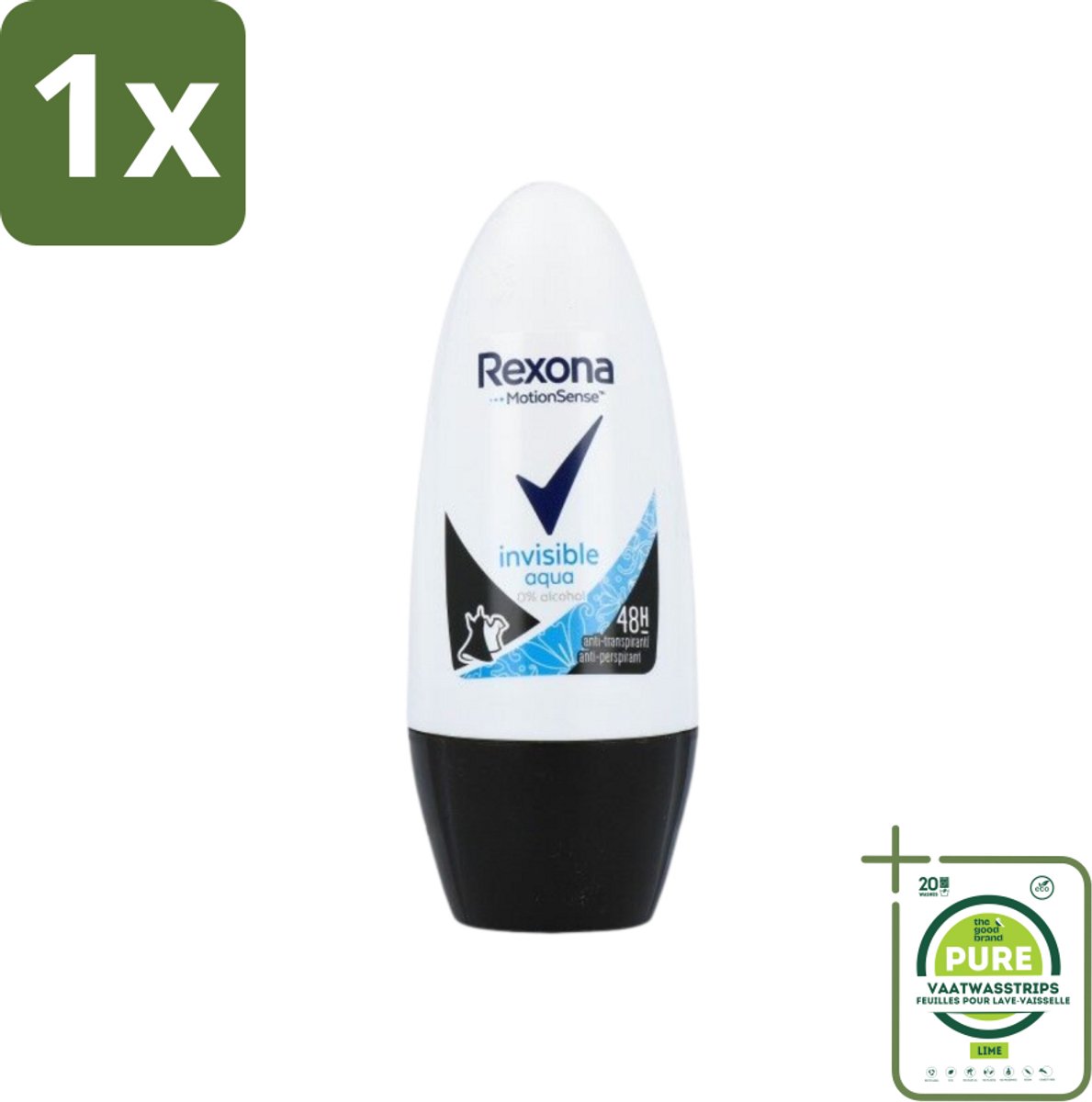 1 x Rexona - Invisible Aqua - Deo Roller - Anti-perspirant - 50 ml - Deodorant - Anti-perspirant - Zweet - Lichaamsgeur - Witte Strepen