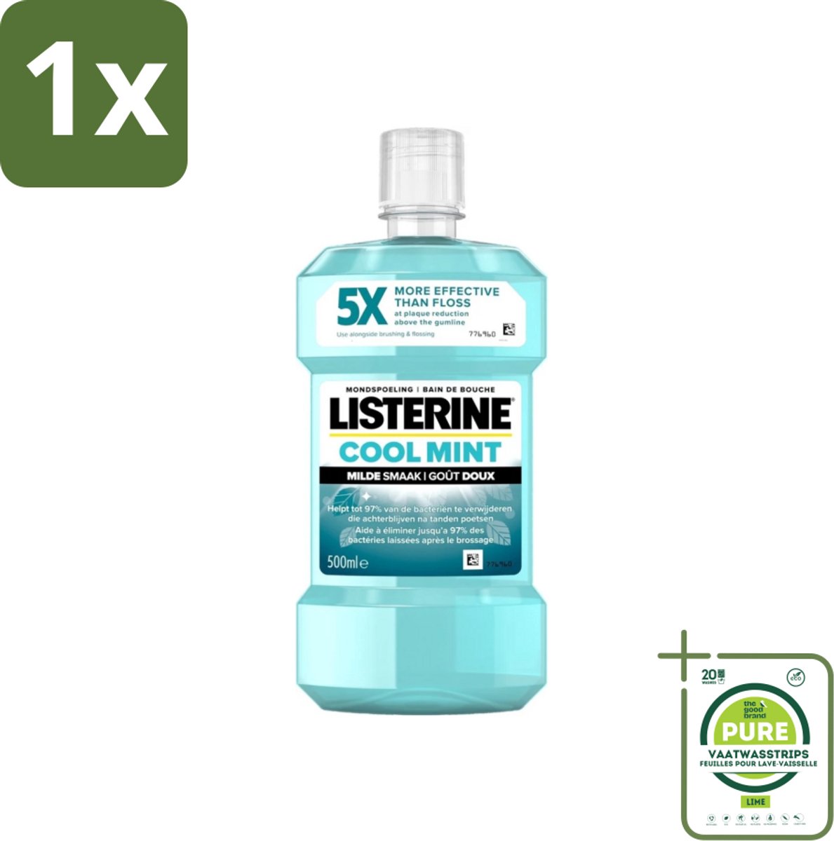 1 x Listerine - Mondwater - Cool Mint - Milde Smaak - 500 ml - Mondspoeling - Mondwater - Tandplak - Tandvlees - Mondhygiëne