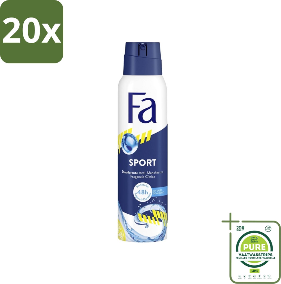 20 x Fa - Deodorant Spray - Sport - Citroen - Tegen Vlekken - 48 uur Bescherming - 150 ml - Grootverpakking - Sport Deodorant - Citroen Deodorant - Anti Vlekken - 48 Uur Bescherming - Zweetgeur Bestrijding