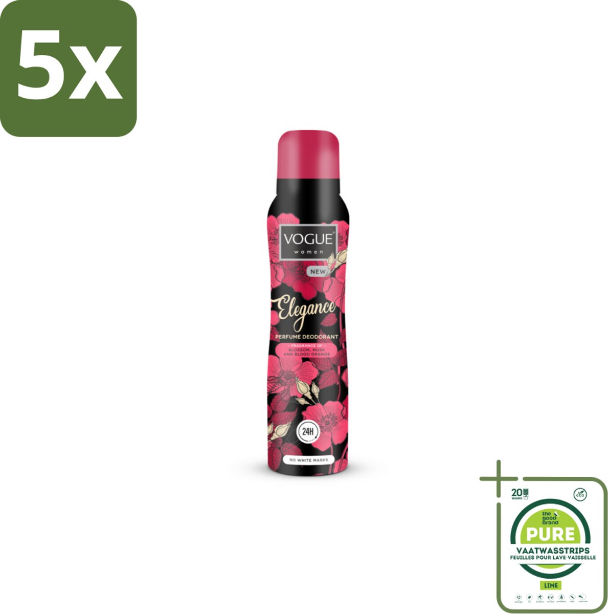 5 x Vogue Elegance Parfum Deodorant 150 ml - Grootverpakking - Deodorant - Parfum Deodorant - 24 Uur Bescherming - Zweetbescherming - Geur