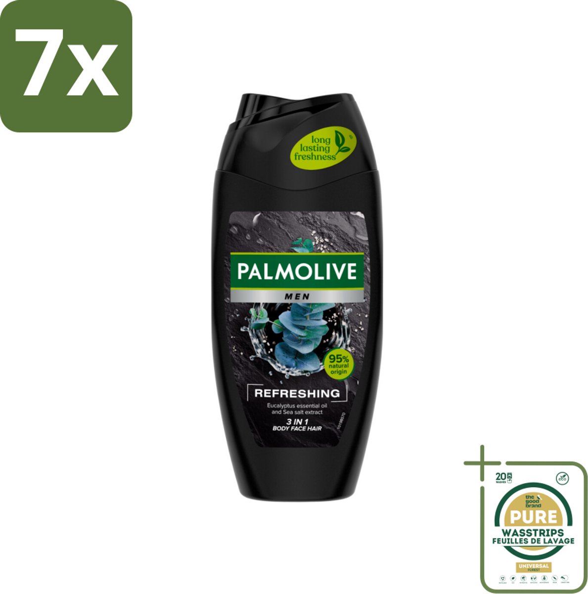 7 x Palmolive Men 3-in-1 Body Face Hair Refreshing Etherische Eucalyptusolie Zeezoutextract 250 ml - Grootverpakking - Douchegel Voor Mannen - Verfrissende Douchegel - Eucalyptusolie - Citrusolie - Hydraterende Douchegel