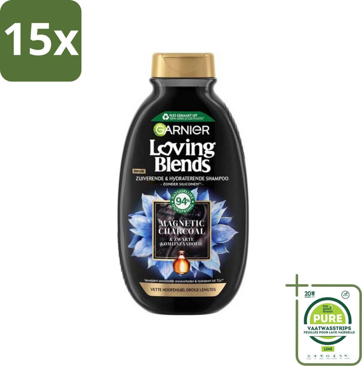 15 x Garnier Loving Blends Magnetic Charcoal Shampoo 300 ml - Grootverpakking - Shampoo Voor Vette Hoofdhuid - Shampoo Voor Droge Haar - Zuivering Hoofdhuid - Hydraat Haar - Charcoal Shampoo