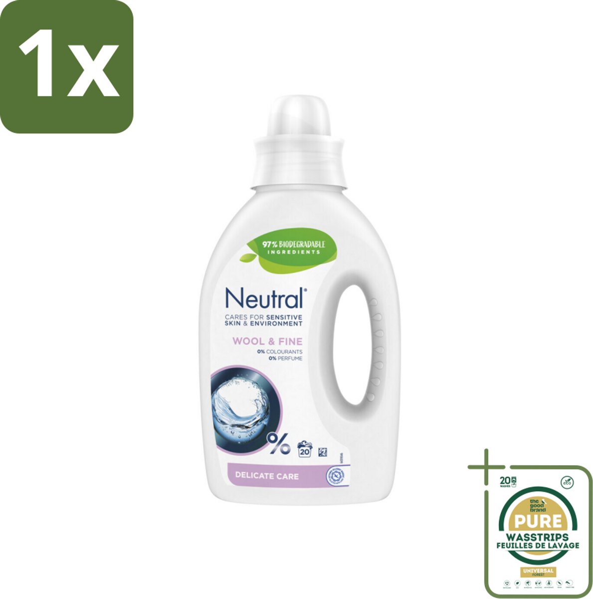 1 x Neutral Vloeibaar Wasmiddel Wol & Fijn 20 Wasbeurten 1 liter- Neutraal Wasmiddel - Hypoallergisch Wasmiddel - Parfumvrij Wasmiddel - Gevoelige Huid - Wasmachine