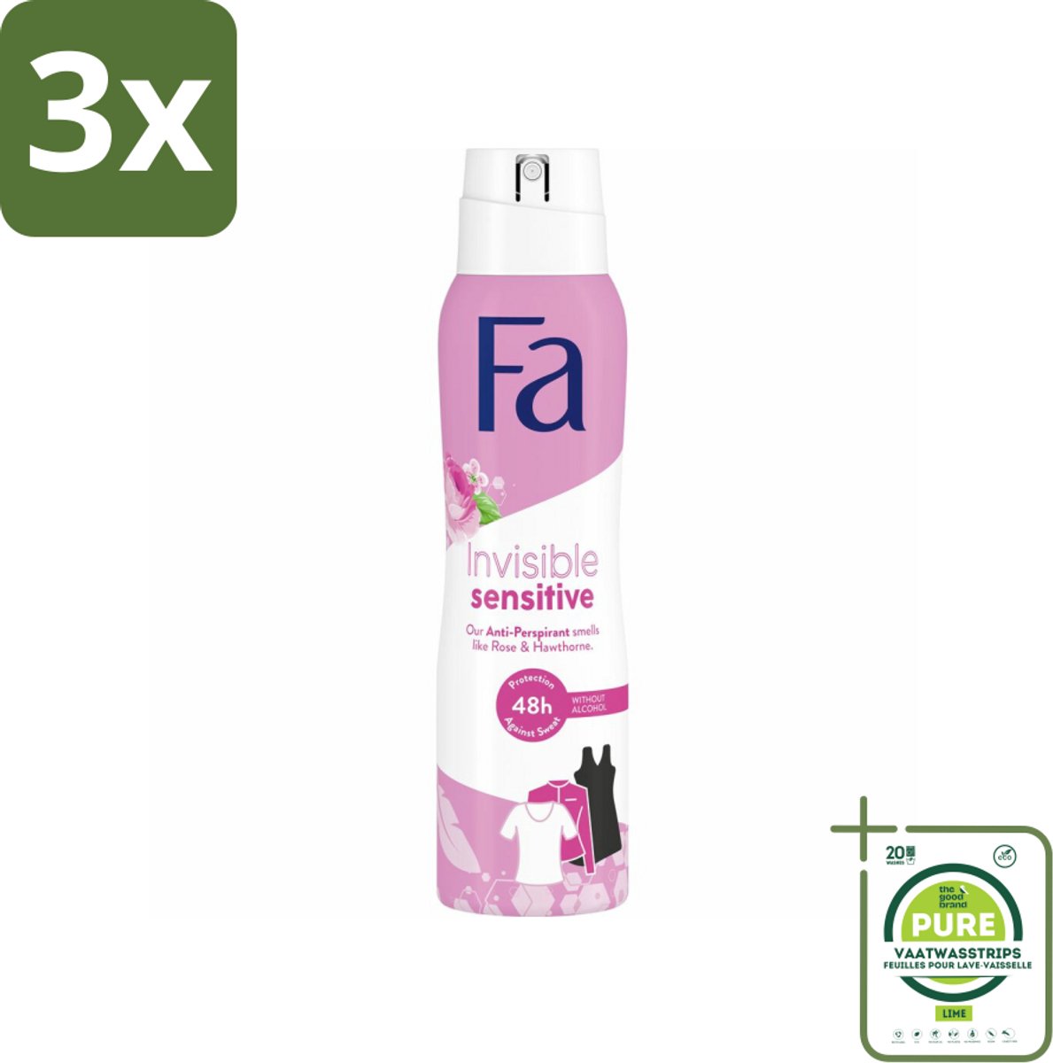 3 x Fa Deodorant Spray Invisible Sensitive 150 ml - Grootverpakking - Deodorant Spray - Anti-transpirant - Perspirant - Gevoelige Huid - 48 Uur Bescherming
