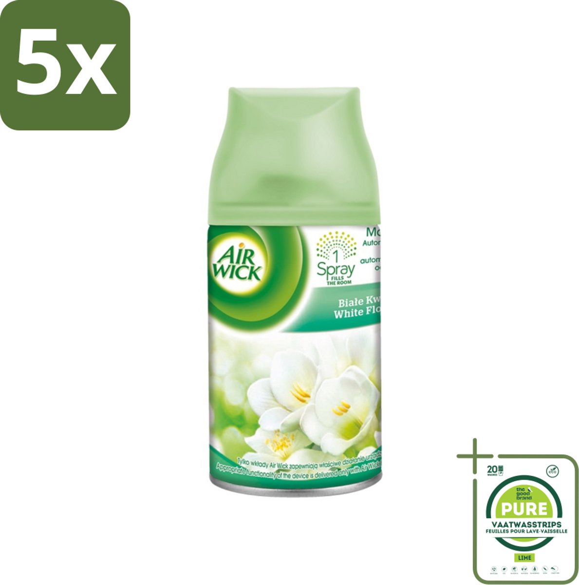 5 x Air Wick - Luchtverfrisser Navulling - Jasmijn & Witte Bloemen - Automatische Spray - 250 ml - Grootverpakking - Jasmijn En Witte Bloemen - Luchtverfrisser - Geurverspreiding - Automatische Spray - 24/7 Odour Stop Technology