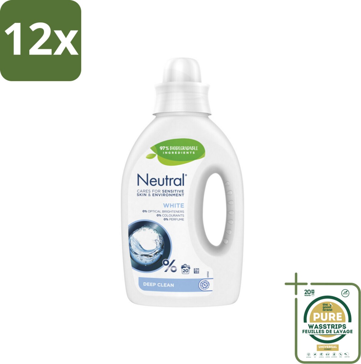 Neutral Vloeibaar Wasmiddel Wit 20 Wasbeurten 1 liter - Voordeelverpakking - 12 stuks - Wasmachine - Wasmiddel voor gevoelige huid