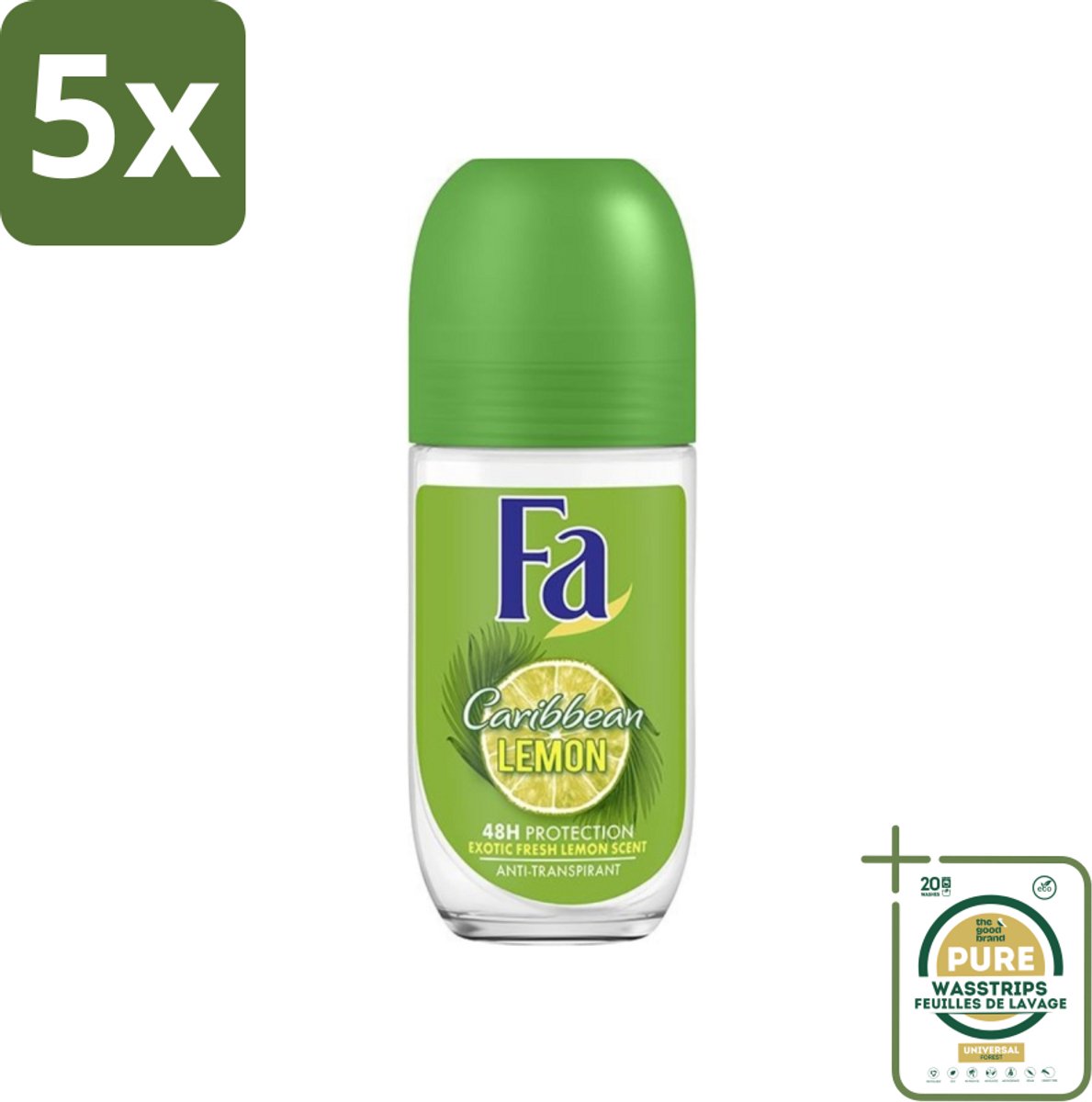 5 x Fa - Deodorant Roller - Caribbean Lemon - Verfrissend - 48 uur Bescherming - Citrusachtig - 50 ml - Grootverpakking - Deodorant Roll-on - 48 Uur Bescherming - Citrus Geur - Caribische Citroen - Fris
