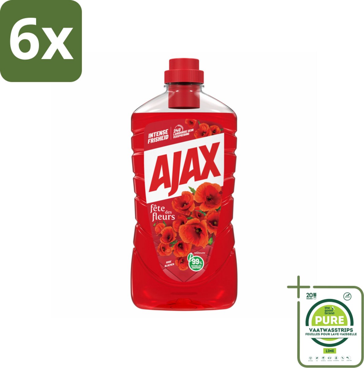 Ajax Allesreiniger Fete de Fleur Rode bloemen 1 liter - Voordeelverpakking - 6 stuks - Allesreiniger - Reinigingsmiddel