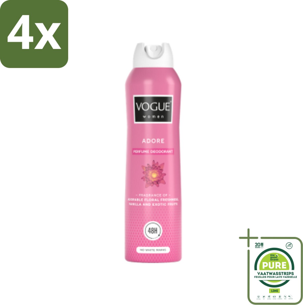 Vogue Adore Parfum Deodorant 150 ml - Voordeelverpakking - 4 stuks - Parfum deodorant - 24 uur bescherming