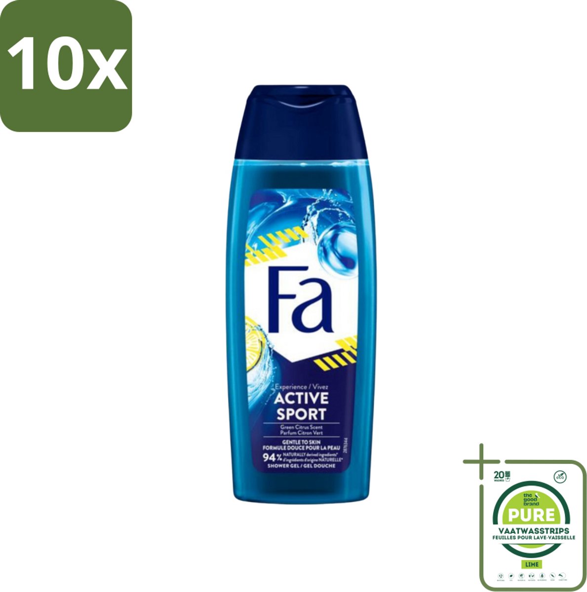 10 x Fa Men - Douchegel - Active Sport - Verfrissend - Green Citrus - 250 ml - Grootverpakking - Deodorant Spray - 48 Uur Bescherming - Sport Deodorant - Verfrissend - Zweet En Geuren