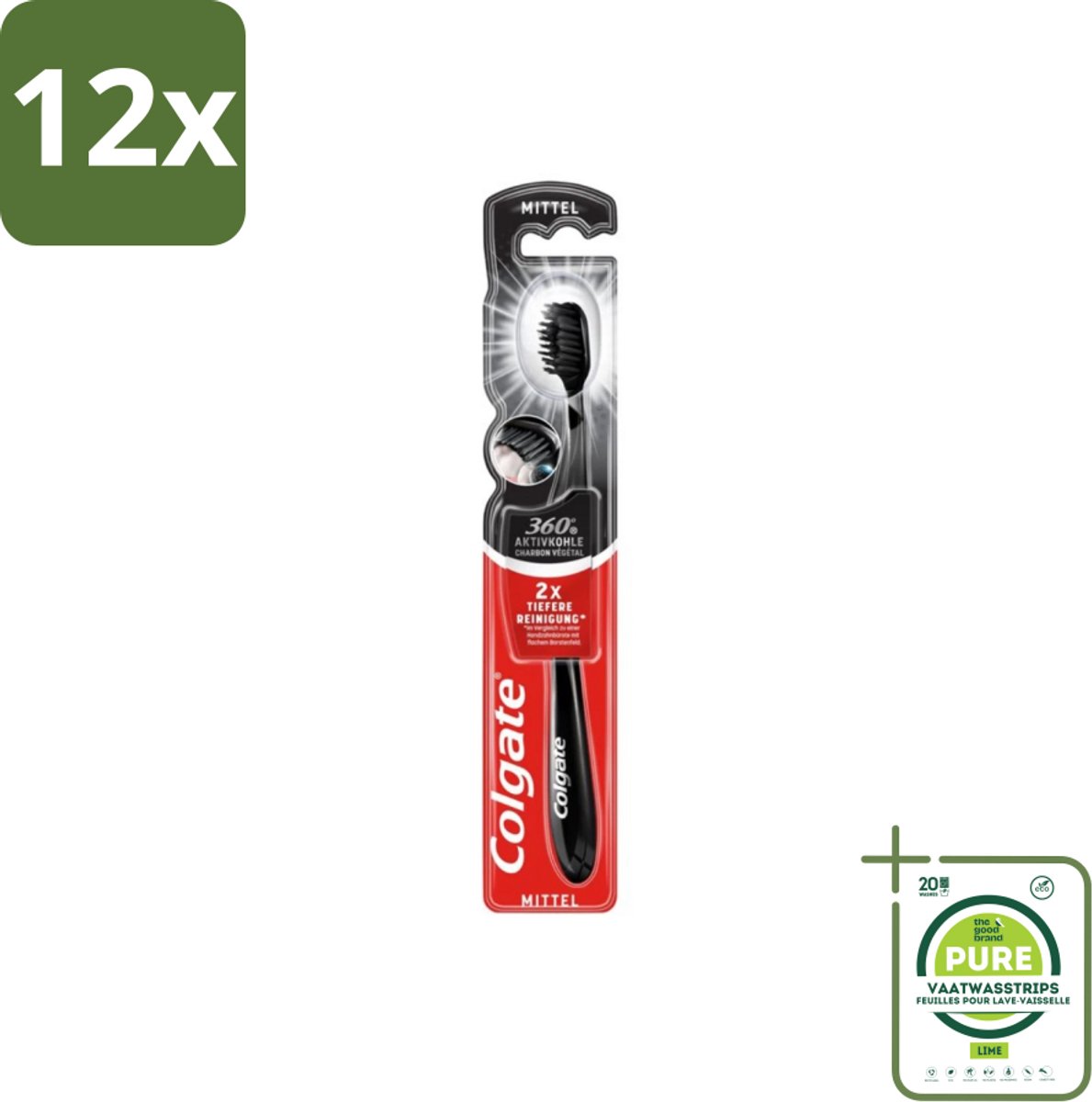 Colgate - Tandenborstel - Charcoal Black 360 Medium - Zwart - 1 Tandenborstel - Voordeelverpakking - 12 stuks - Tandenborstel - Houtskool