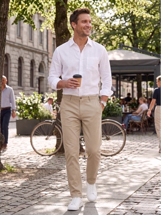 Man loopt over straat met een beige chino broek, witte linnen blouse, witte sneakers en een koffiebeker.
